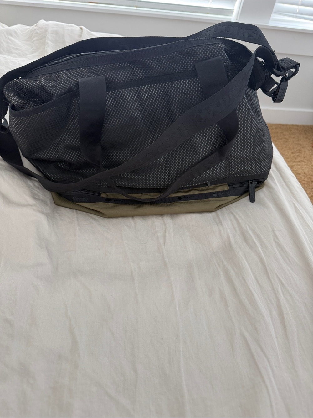 Black and Olive Two-Tone Duffel Bag — Sporty Travel Carryall never used